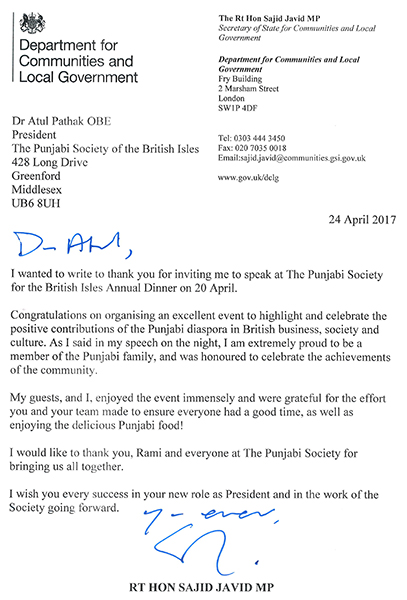 Letter from The Rt. Hon. Sajid Javid MP